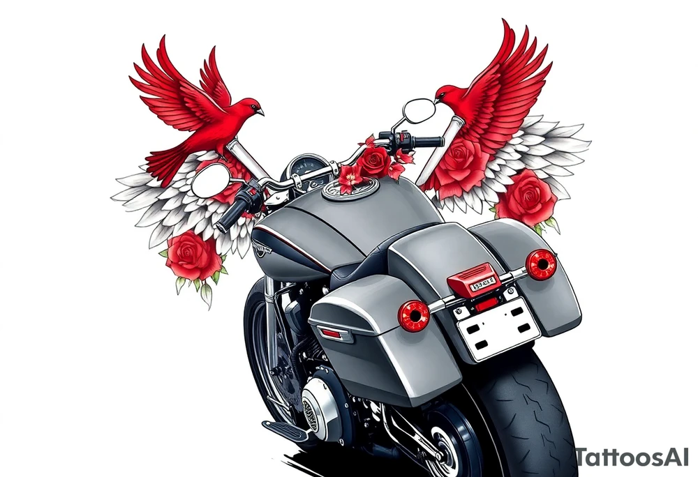 Harley grey motorcycle driving away, two red birds flying, roses, flames, angel wings tattoo idea