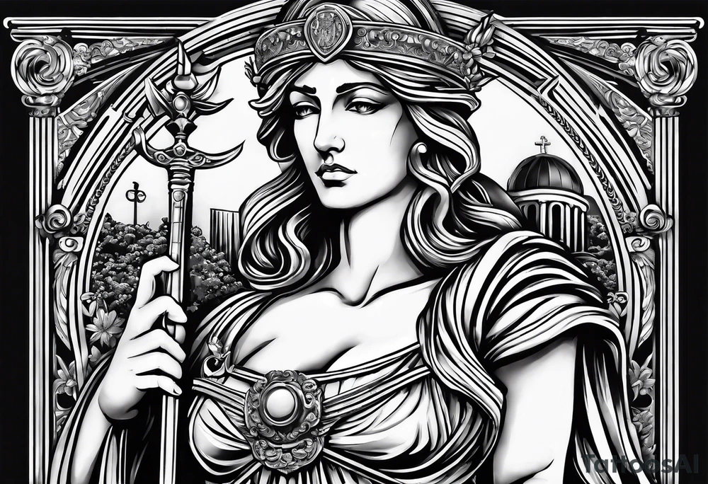 Themis (Greek Goddess of Justice), cutting her eyes with her sword. It is necessary to convey an atmosphere of greed and power. tattoo idea