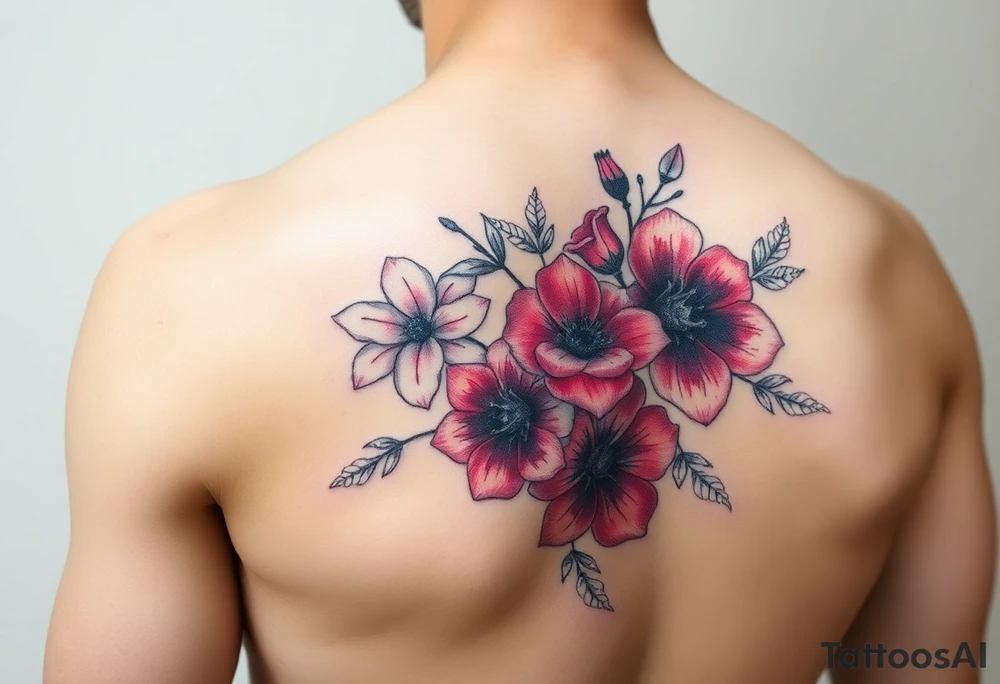 Upper arm and shoulder sleeve
Realistic
Water color
Fine line
Birth flowers for the months of
February 
July
August
October
December
Multi colored tattoo idea