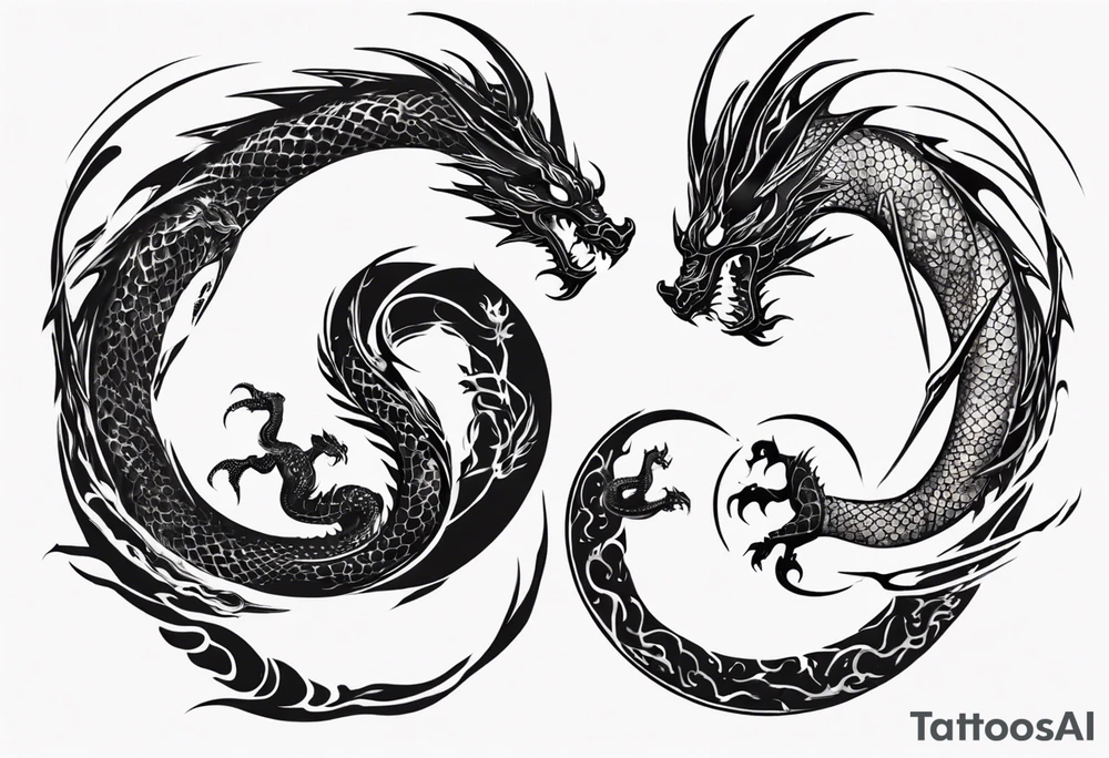 two dragons twirling to make a central yin yang tattoo idea