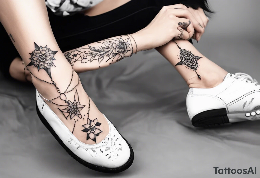 Ankle bracelet tattoo with feminine style and larger in the centre. Show on ankle tattoo idea