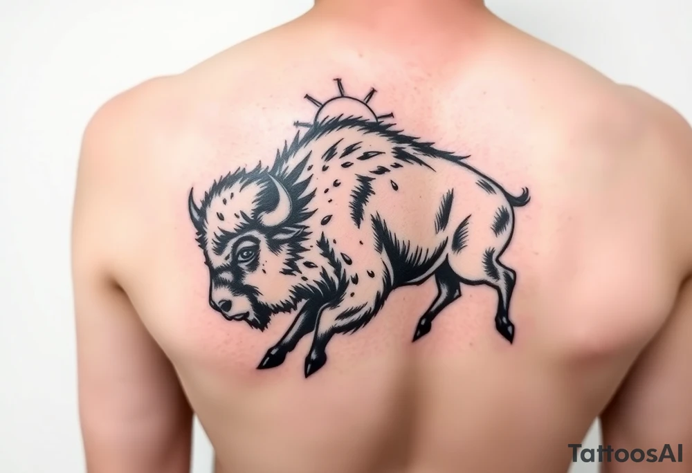 Feminine Buffalo side view running into a storm, Stanford logo as a brand, sunshine on the other side the buffalo is running towards tattoo idea