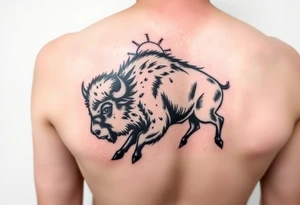 Feminine Buffalo side view running into a storm, Stanford logo as a brand, sunshine on the other side the buffalo is running towards tattoo idea