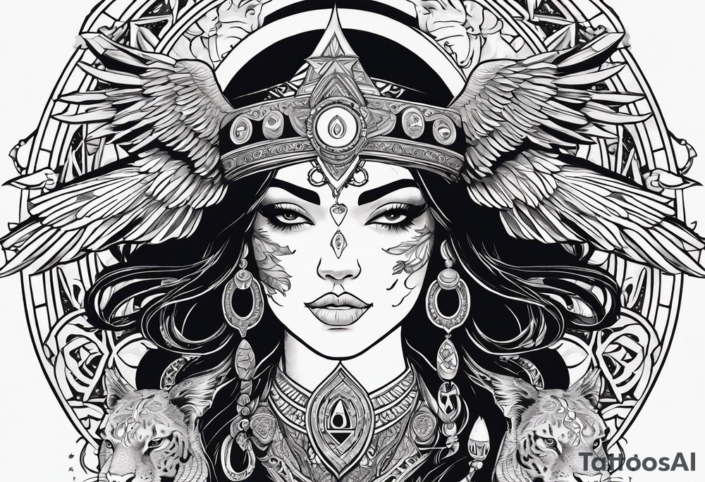 black kali, goddess pirate, alien, angel, pachamama, valkrye, warrior, flying, skull, lotus azul, wing, eagle, zenza resonance, stars, 5D, anahata chakra, death, durga, riding on a tiger, flying lady tattoo idea