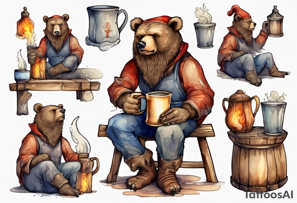 a medieval bear-human hybrid with a long beard wearing a cap, sitting on a stool by the hearth and drinking from a wooden mug tattoo idea