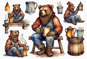 a medieval bear-human hybrid with a long beard wearing a cap, sitting on a stool by the hearth and drinking from a wooden mug tattoo idea