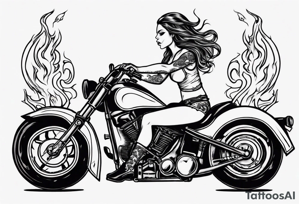 i want a tattoo of a girl riding a motorcycle with flames the words “Viking Customs” tattoo idea