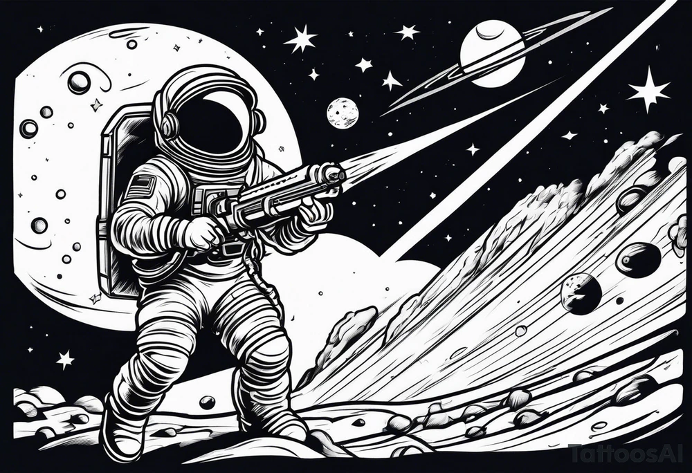 Astronaut laser blasting a asteroid, far away tattoo idea