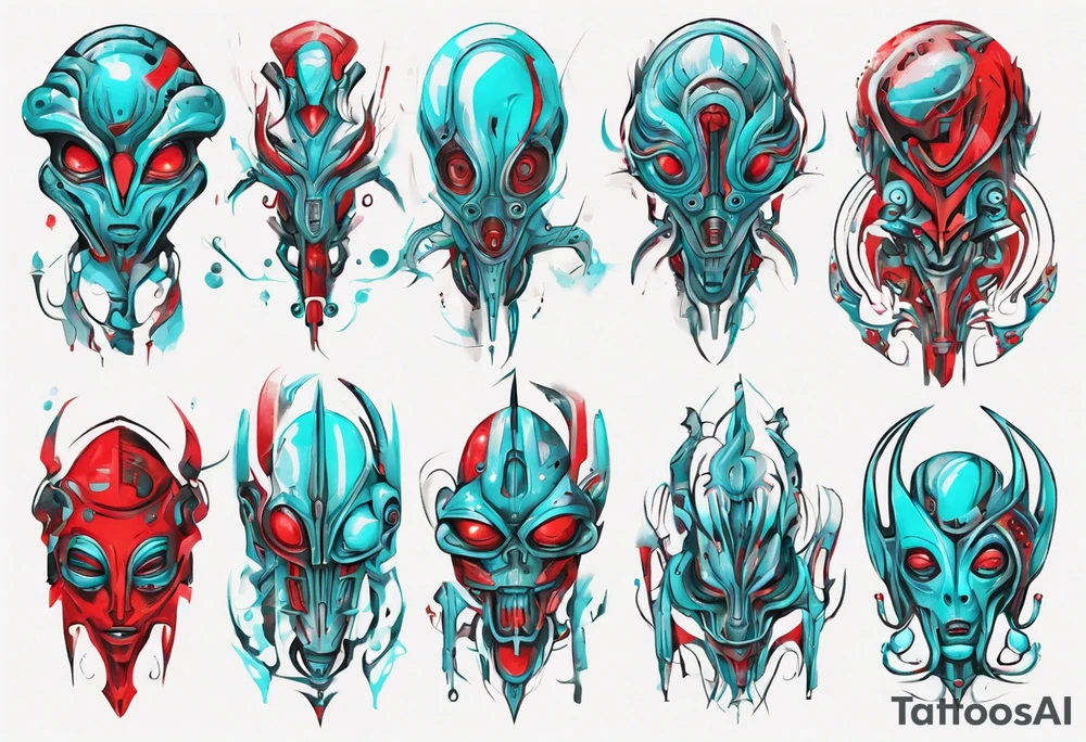 an art in the style of abstract alien, textured pigment planes, red and cyan, stencil art tattoo idea