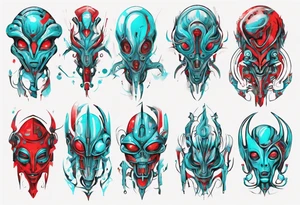 an art in the style of abstract alien, textured pigment planes, red and cyan, stencil art tattoo idea