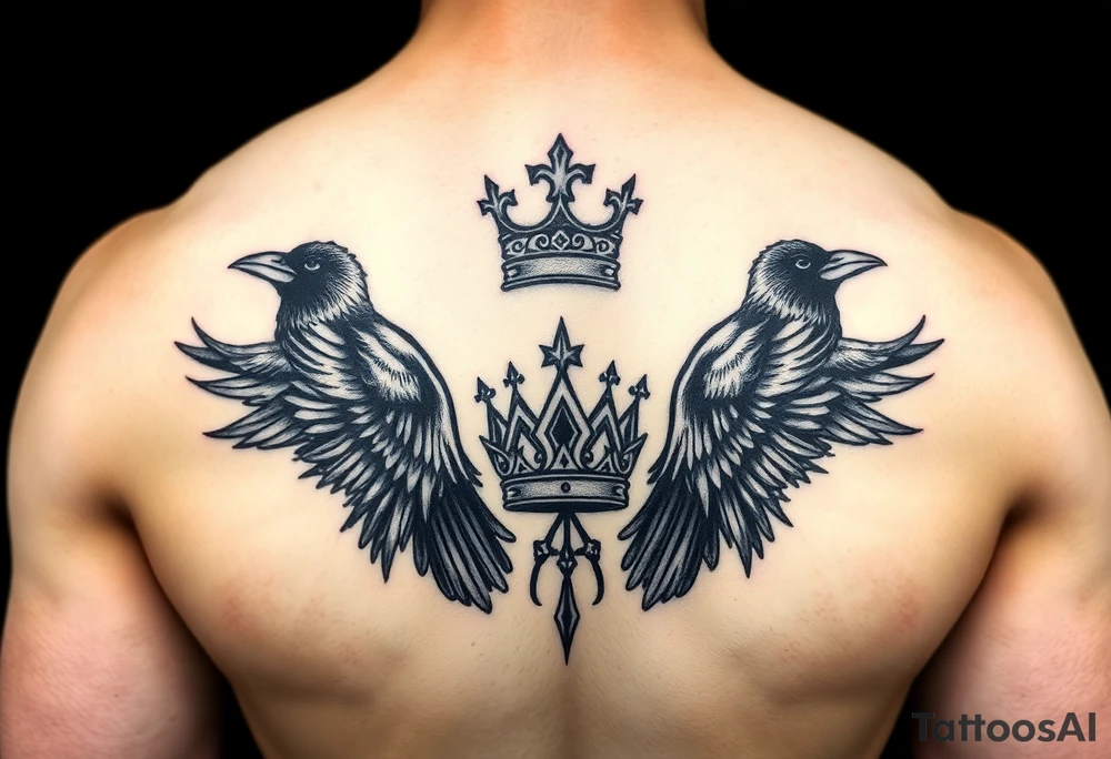 Chest tattoo, two ravens and icelandic symbols, dark brest tattoo, crown betwen ravens tattoo idea