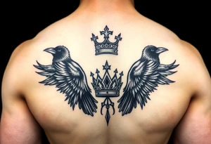 Chest tattoo, two ravens and icelandic symbols, dark brest tattoo, crown betwen ravens tattoo idea