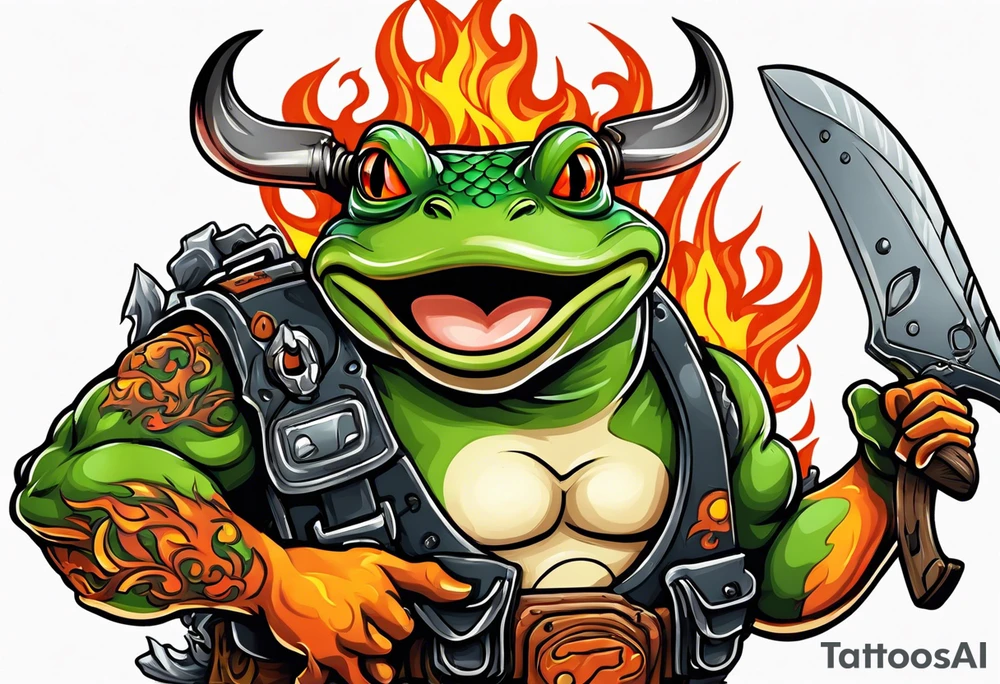 Angry Buff Bull frog holding a chainsaw surrounded by flames (wrist to bicep) with a husqvarna chainsaw tattoo idea