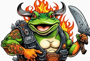 Angry Buff Bull frog holding a chainsaw surrounded by flames (wrist to bicep) with a husqvarna chainsaw tattoo idea