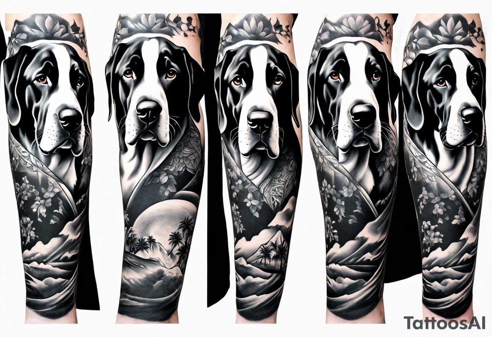 (full arm sleeve on guy) with (4) Four Great Dane floppy ear dogs with an outdoor vibe tattoo idea