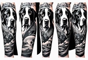 (full arm sleeve on guy) with (4) Four Great Dane floppy ear dogs with an outdoor vibe tattoo idea