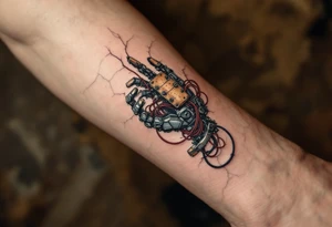 A biomech arm built from rusted iron plates and crimson wires, emerging from beneath cracked human skin. tattoo idea