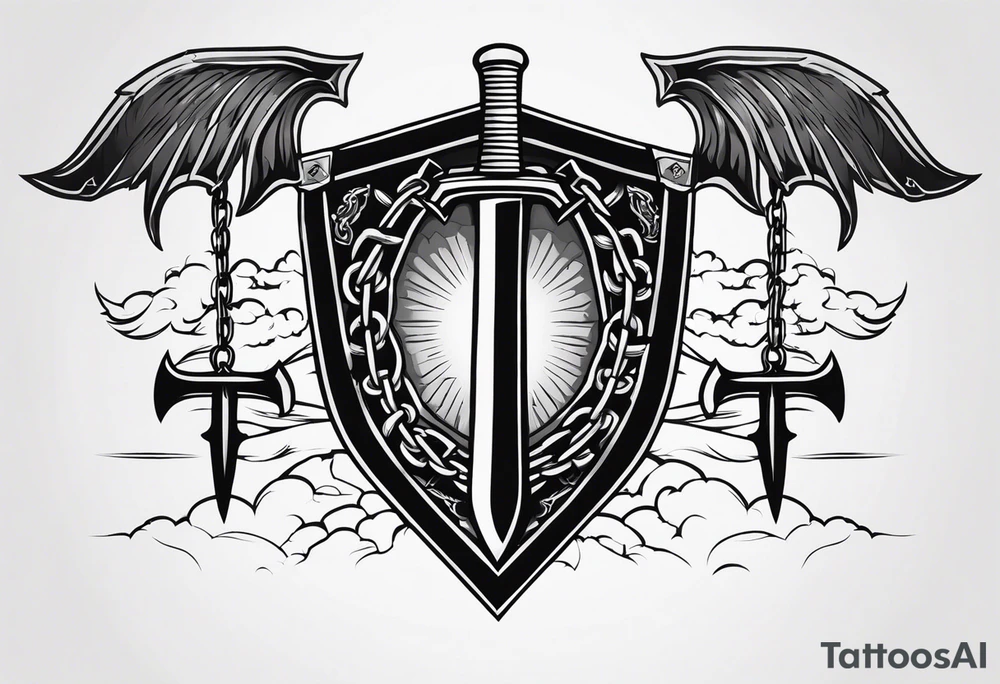 Valhalla sword shield axe barbed wire chains dark cloud tattoo idea