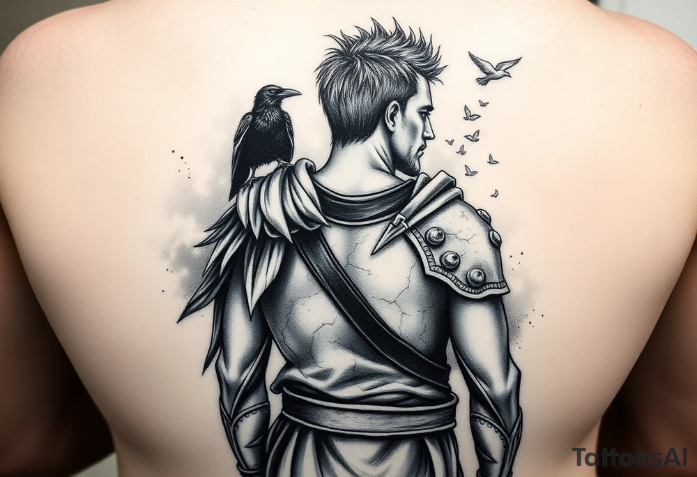 A black and grey tattoo sleeve design symbolizing silent battles and resilience. A worn gladiator with cracks in his armor stands tall, battle-weary but unbroken. Behind him, a shadowy figure represents the unseen struggles, partially obscured in mist. A single raven sits on his shoulder, symbolizing past darkness, while a faint dove soars above, representing faith and favor. Subtle tally marks blend into the background, representing victories no one sees. The design flows naturally with a balance of dark and light elements, blending realism with a slightly surreal feel. tattoo idea