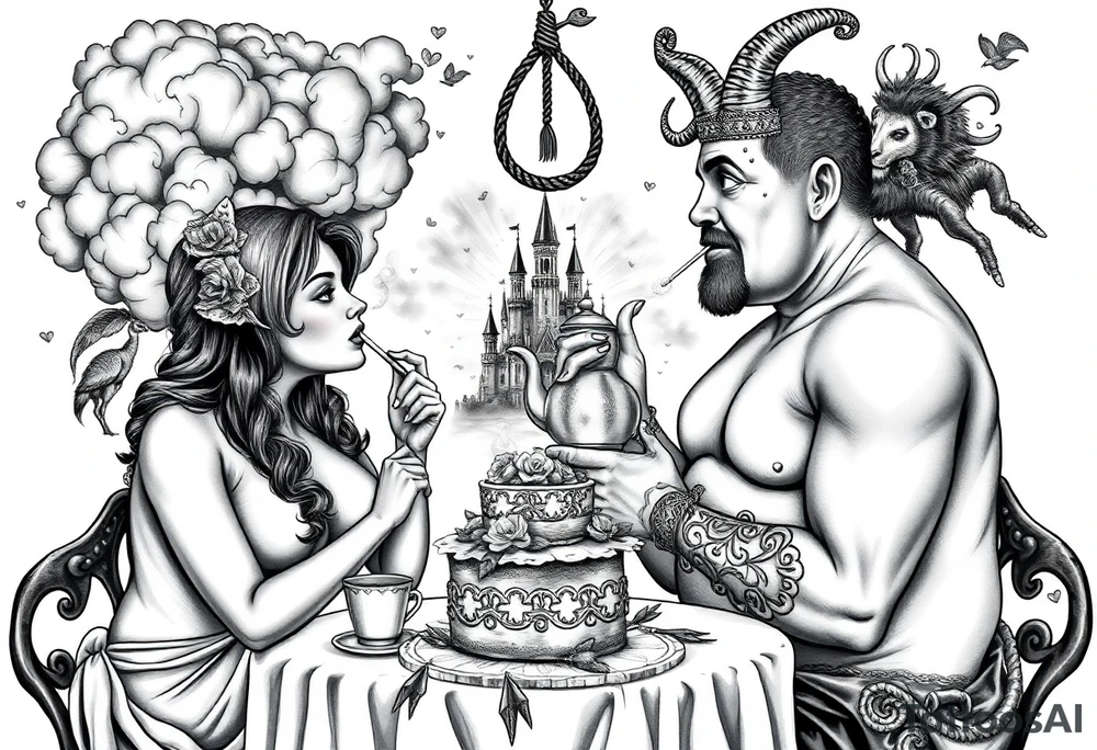 Mystical Naked Man and woman eating cake  having sex clouds gothic sexy naked fat lady having a tea party with tea pot and Victorian castle explosions
with a piggy, peacock, noose, lion, goat, smoking cigerettes looking in the mirror thru storm clouds with razor blades and broken hearts and darkness and wrath, envy , gluttony, greed, sloth, pride kill tattoo idea