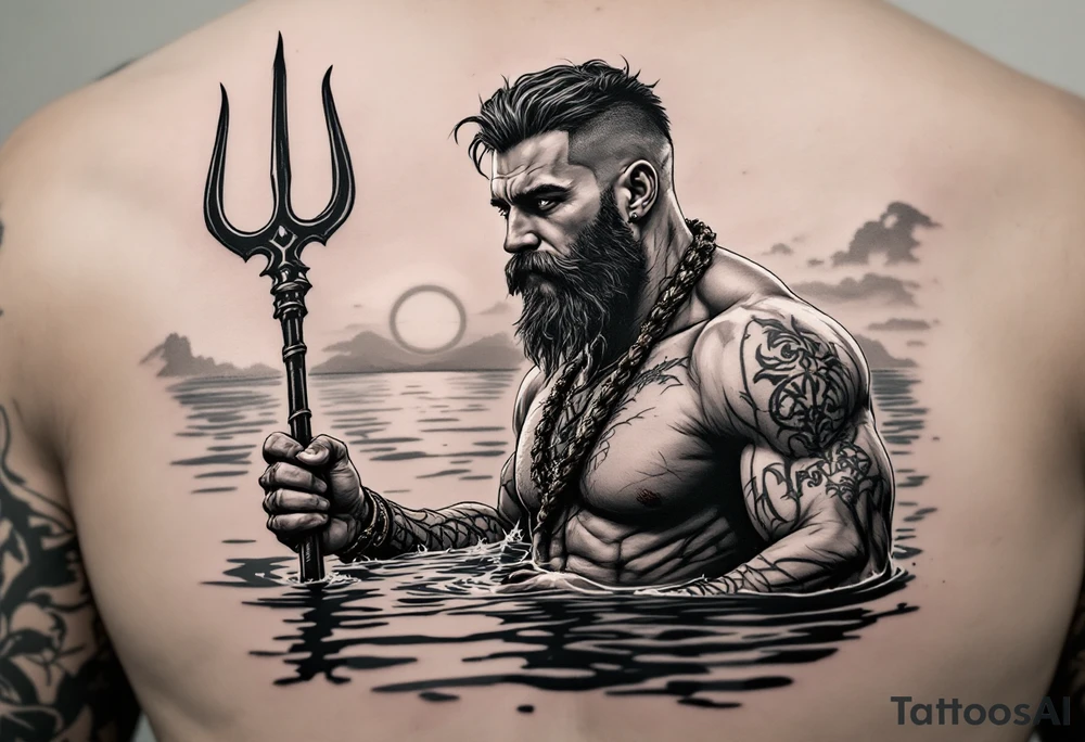 young, happy, fit, short hair, poseidon in calm water, holding a trident, drinking a beer, with sunset, with ski boat tattoo idea