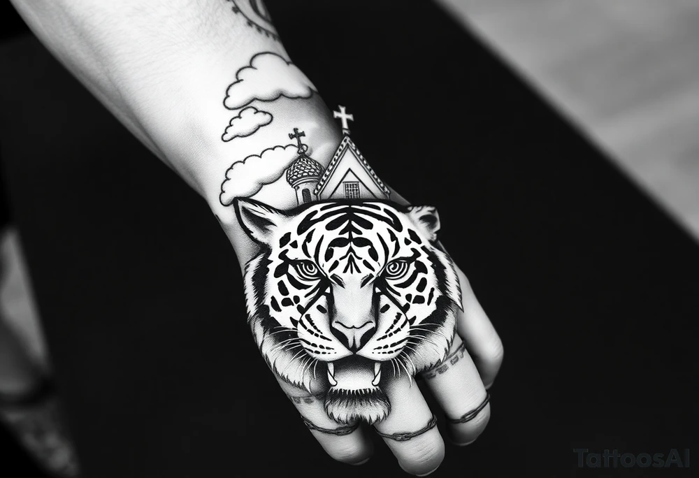 Mean looking tiger on the hand with barb wire at the bottom and then above the tiger do a traditional Russian Orthodox Church with the orthodox traditional cross as the spire in clouds then Virgin Mary above overlooking with hands together on heart tattoo idea