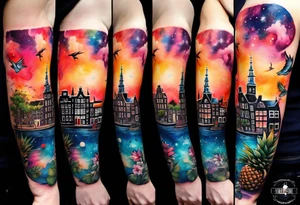 Watercolour arm tattoo of stag deer and birds in Amsterdam canal featuring Amsterdam houses in space and galaxies featuring pineapples and galaxy colours featuring stag and pineapples tattoo idea