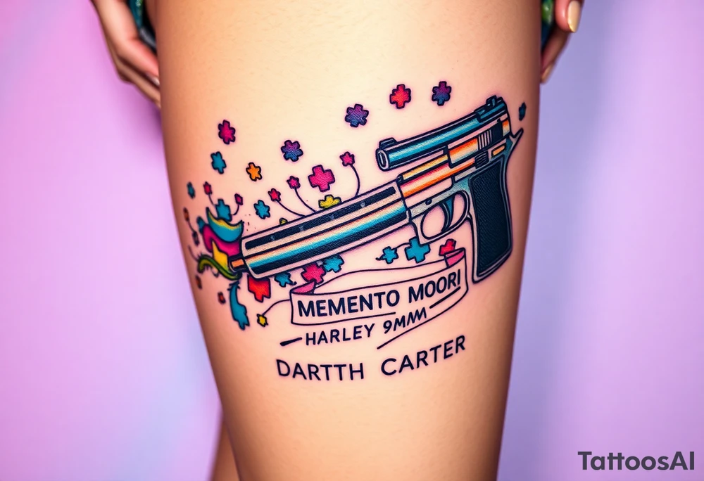 colorful futuristic memory tattoo for passed boyfriend;, star wars, Harley Davidson, skateboarding, puzzle pieces, video games, heaven, god, outdoors, beretta 9mm gun, disc golf, words MEMENTO MORI & DARTH CARTER tattoo idea