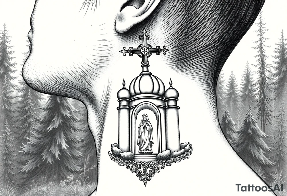 russian coat arms traditional christian orthodox cross with a virgin mary stood in the entrance of a russian orthodox dome church on the side of the neck in a wilderness setting tattoo idea