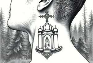 russian coat arms traditional christian orthodox cross with a virgin mary stood in the entrance of a russian orthodox dome church on the side of the neck in a wilderness setting tattoo idea