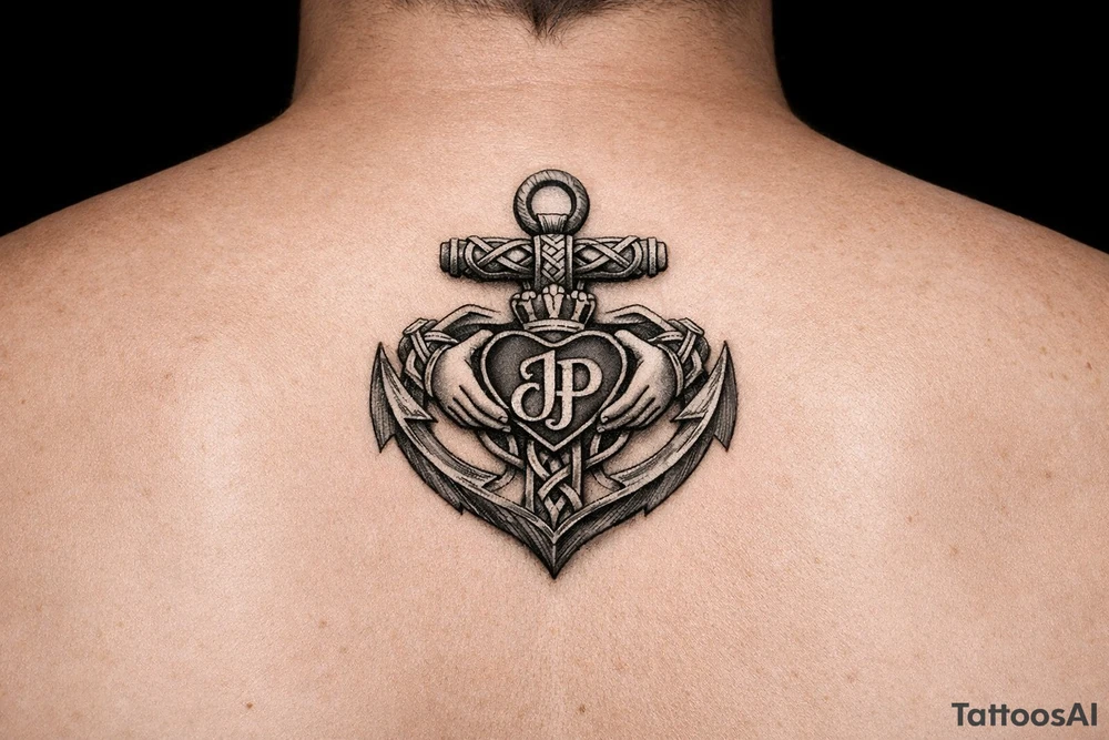 celtic anchor with claddagh symbol and interlocked Jp intials in the heart of the claddagh tattoo idea