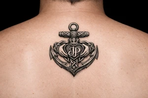 celtic anchor with claddagh symbol and interlocked Jp intials in the heart of the claddagh tattoo idea