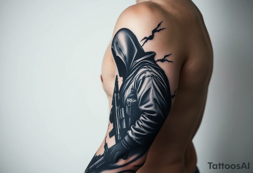 Minimalist covert operative symbolism representing loyalty and survival, faceless soldier silhouette emerging from darkness, torn fabric, subtle scars, controlled posture, black and grey realism, emotional restraint, understated strength, tattoo sleeve element. tattoo idea