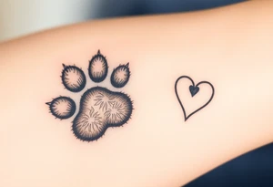 A detailed cat paw print with soft fur textures, using natural tones of cream, gray, and light brown for a delicate and cozy feel and heart tattoo idea