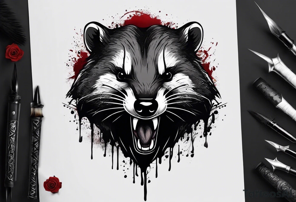 Draw me psychopath badger/Warrior with aggressive full body, killer face with a smile, very long nails and he attacks like a Bloody Gladiator to us and also, he has very deadly looking. He fights with his nails. Everybody scares after their first sight. Give me horror type Badger Tattoo. tattoo idea