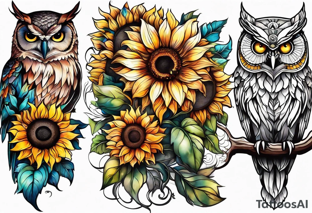 Leg sleeve with colorful sunflowers and an owl tattoo idea