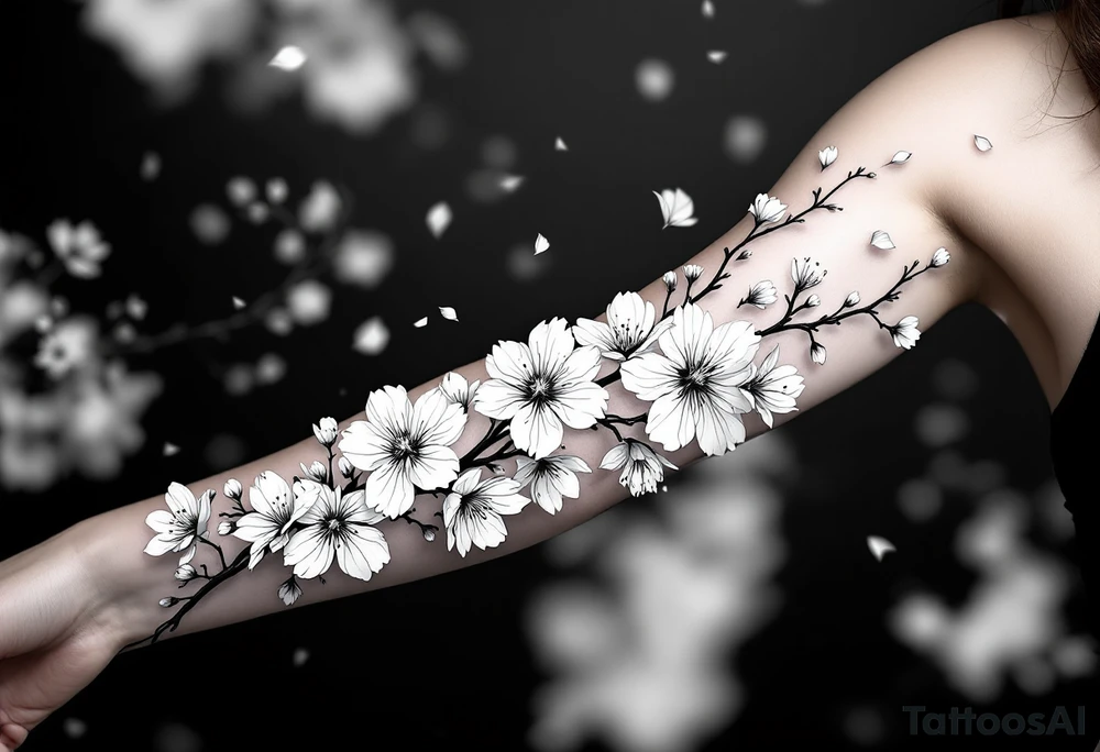 delicate cherry blossoms swirling in spring breeze with petals tattoo idea