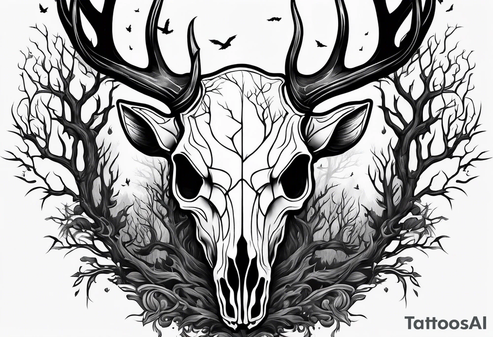 A scary decayed deer skull head human body with flames and trees tattoo idea