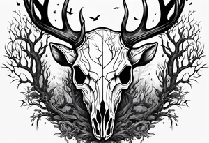 A scary decayed deer skull head human body with flames and trees tattoo idea