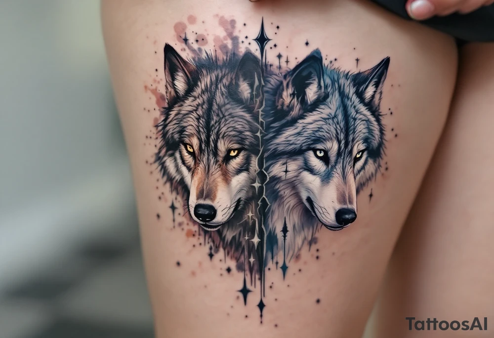 Black wolf face and a white wolf face side by side tattoo idea