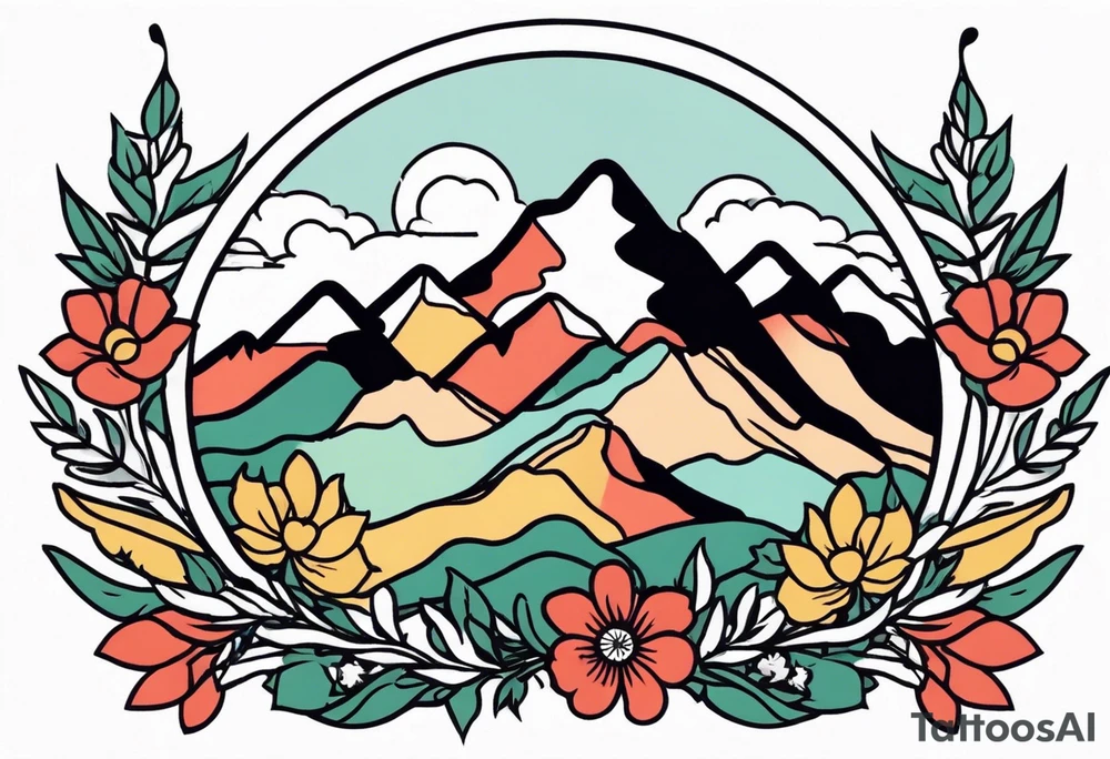 mountains
old school vintage simple traditional design with vintage flowers surrounding
bold color simple tattoo idea