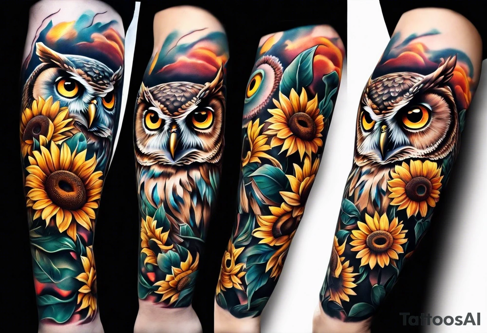Arm sleeve with an owl and butterfly surrounded by sunflowers tattoo idea