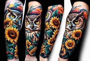 Arm sleeve with an owl and butterfly surrounded by sunflowers tattoo idea