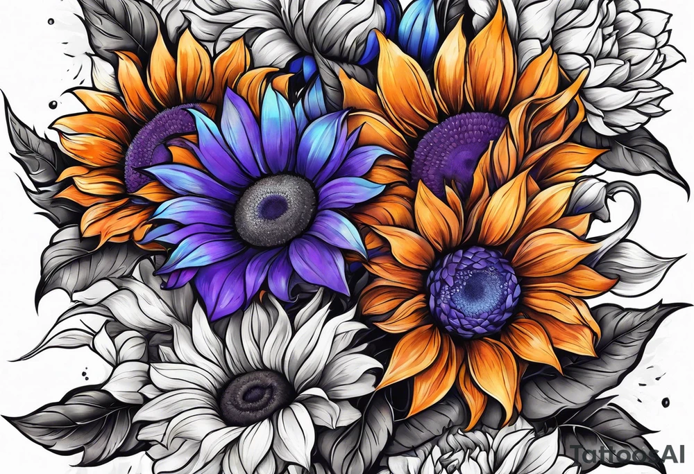 Full arm sleeve with purple, orange and blue sunflowers tattoo idea