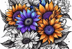 Full arm sleeve with purple, orange and blue sunflowers tattoo idea