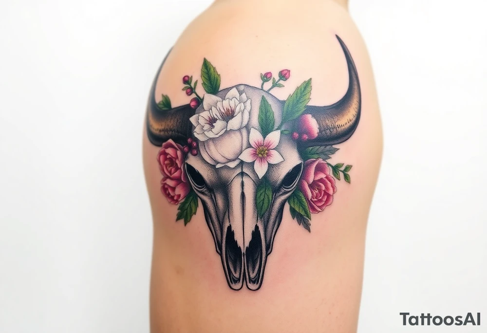 Buffalo or bison skull with flowers. Peony, snowdrop, holly with berries, larkspur, peony. Colour. For upper arm or shoulder. Masculin. tattoo idea