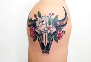 Buffalo or bison skull with flowers. Peony, snowdrop, holly with berries, larkspur, peony. Colour. For upper arm or shoulder. Masculin. tattoo idea
