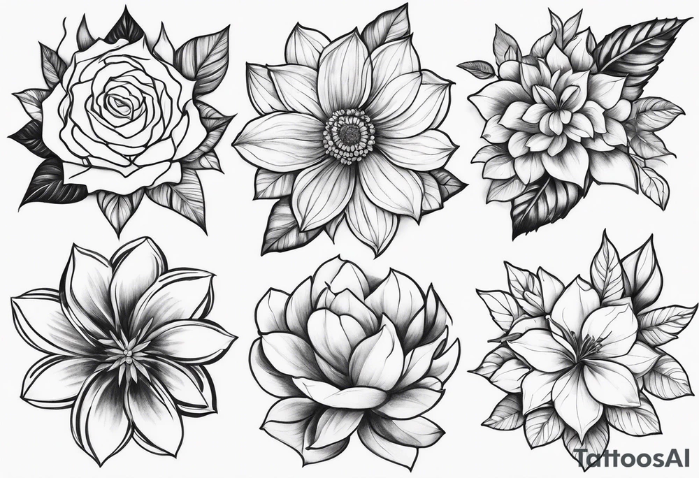 may, june, july september, october, december month flowers black and white half sleeve tattoo tattoo idea
