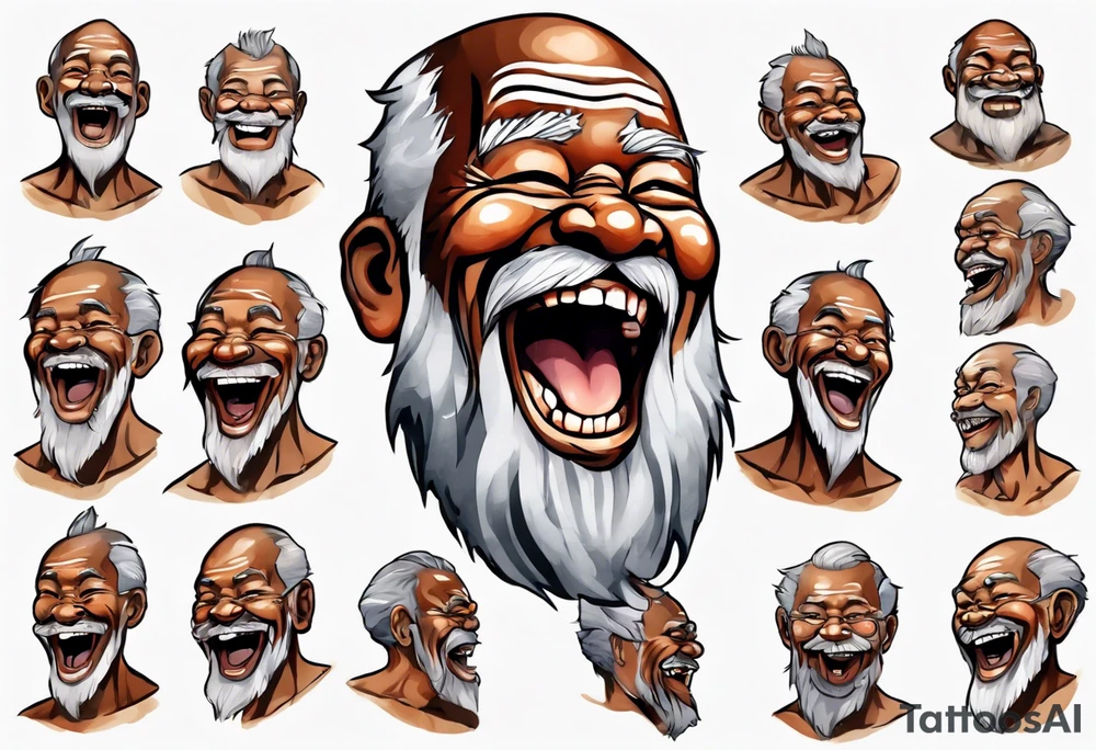 a solitary large man with brown skin with a grey beard laughing tattoo idea