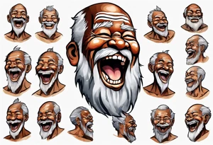 a solitary large man with brown skin with a grey beard laughing tattoo idea